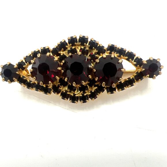 Vtg 10K Gold 6.56g Garnet Glass Brooch '40s Bar Pin Red Rhinestone Unmarked MCM - Picture 8 of 16